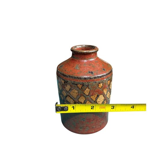VTG Red Stoneware Vase With Textured Geometric Design Plaid Orange Handmade - Picture 8 of 8